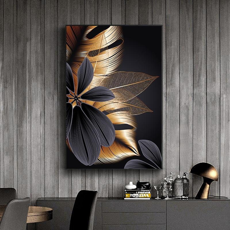 Black Golden Plant Leaf Canvas Poster - kigrumi