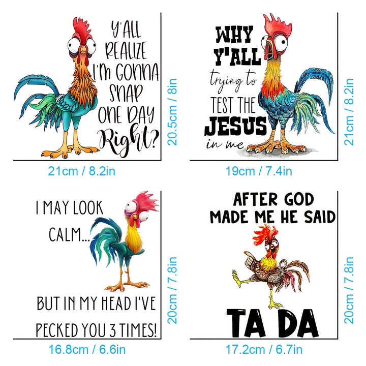 4pcs Heat Transfer Design Funny Rooster With Humorous Text Iron On Cock Patches For T-shirt Heat Vinyl Sticker For Clothing