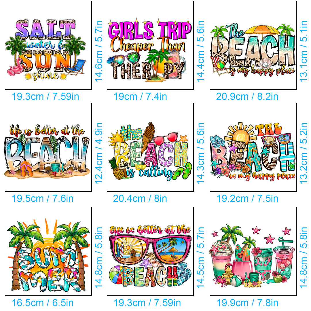 9pcs/pack, Tropical Summer Beach Scenery Mixed With Coconut Tree Milk Tea Sunglasses And Other Elements, Paired With Personalized Short Sentence Heat Transfer Designs, Used To Create Personalized Clothing And Knitted Accessories