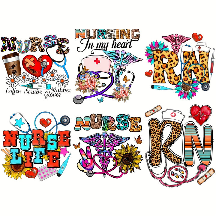6pcs/pack Hospital Nurse Series Heat Transfer Patches, Western Vinyl Designs Iron On Transfers For T-Shirts, Heat Transfer Stickers For Clothes, Iron On Decals For Jackets Hoodies Bags