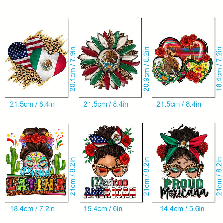 6pcs/pack, American Mexican Flag Theme Heat Transfer Applique For Making Personalized T-shirts, Sweaters, Bags, And Other Items, Not Fade Washed