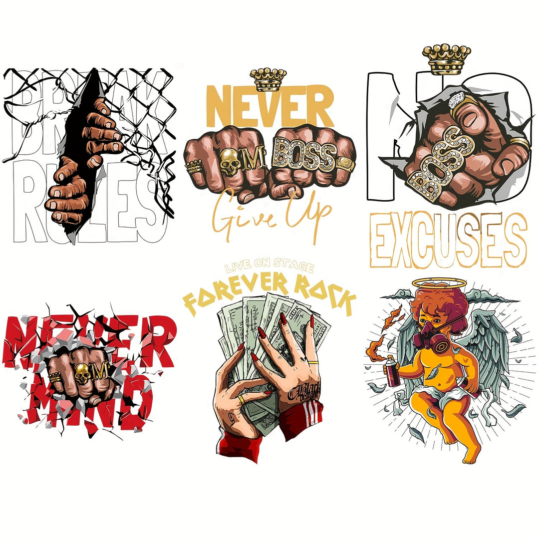 6pcs/pack, Powerful Fists Hands Paired With Personalized Text Thermal Transfer Applique On DIY Personalized T-shirts, Sweaters, Hoodies, And Other Clothing, Not Fade