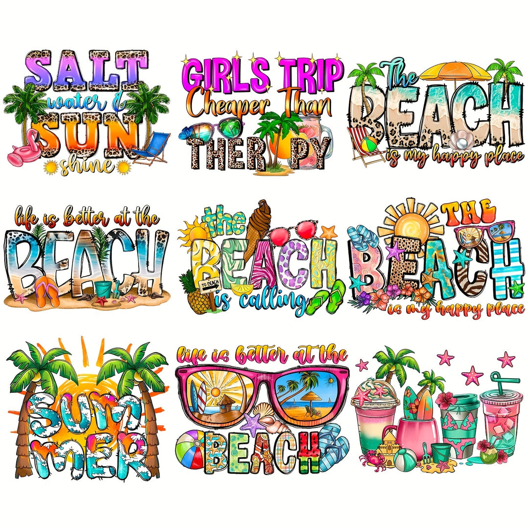 9pcs/pack, Tropical Summer Beach Scenery Mixed With Coconut Tree Milk Tea Sunglasses And Other Elements, Paired With Personalized Short Sentence Heat Transfer Designs, Used To Create Personalized Clothing And Knitted Accessories