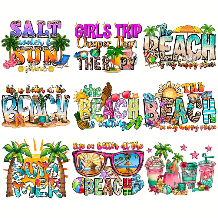 9pcs/pack, Tropical Summer Beach Scenery Mixed With Coconut Tree Milk Tea Sunglasses And Other Elements, Paired With Personalized Short Sentence Heat Transfer Designs, Used To Create Personalized Clothing And Knitted Accessories