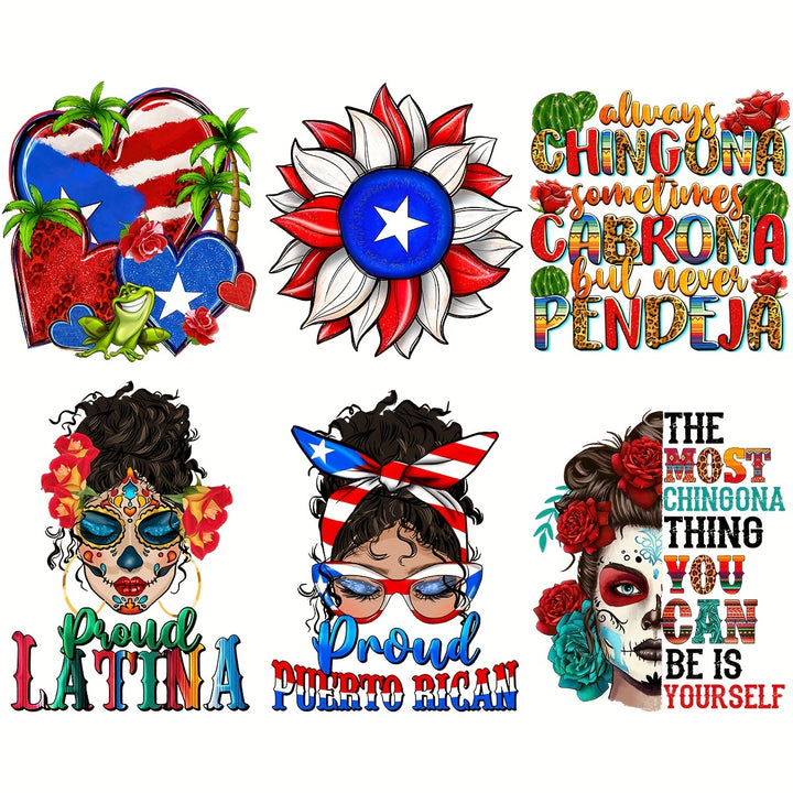 6pcs Heat Transfer Vinyl With Proud Latina Puerto Rican Theme Iron On Decals For T-shirt Heat Transfer Patches For Clothing