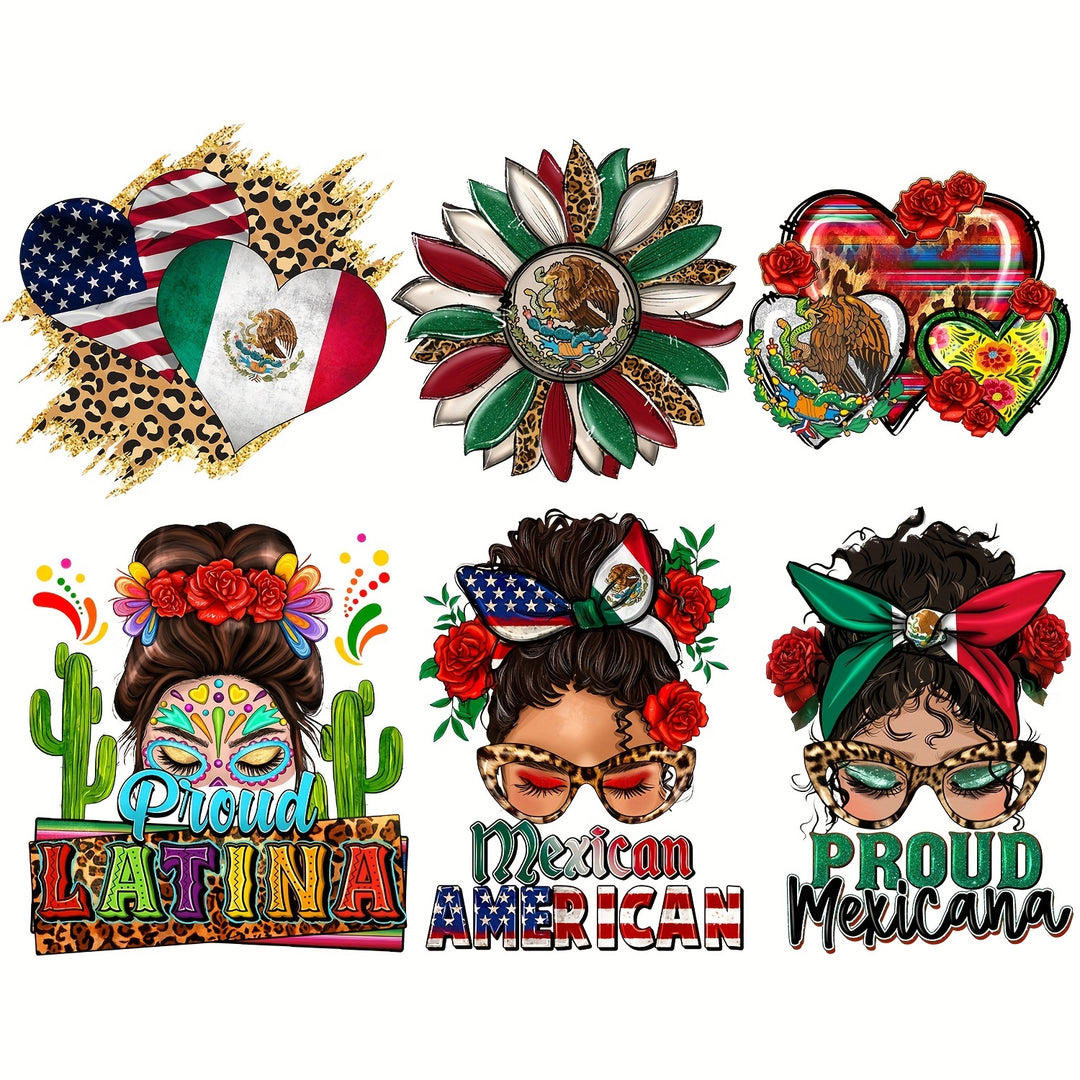 6pcs/pack, American Mexican Flag Theme Heat Transfer Applique For Making Personalized T-shirts, Sweaters, Bags, And Other Items, Not Fade Washed