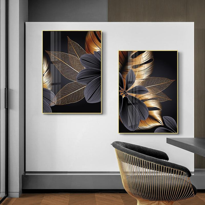 Black Golden Plant Leaf Canvas Poster - kigrumi