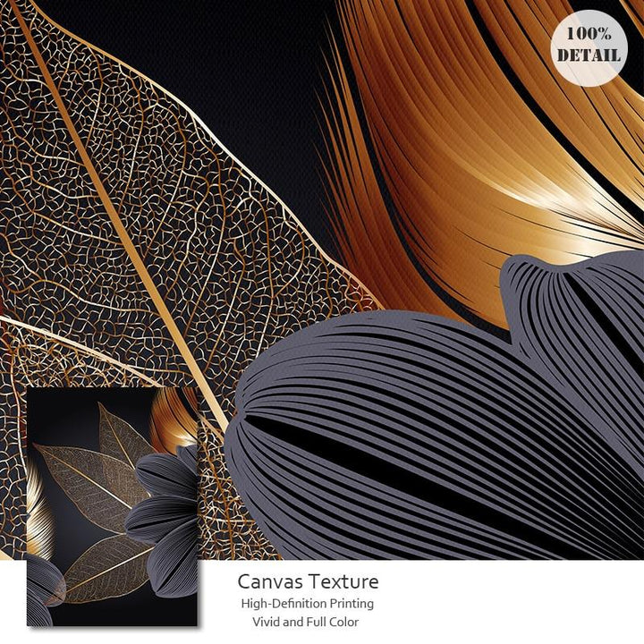 Black Golden Plant Leaf Canvas Poster - kigrumi