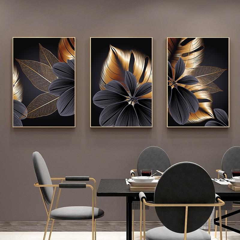 Black Golden Plant Leaf Canvas Poster - kigrumi