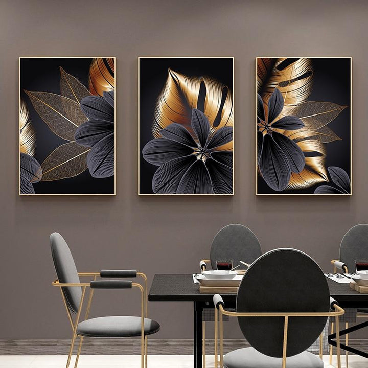 Black Golden Plant Leaf Canvas Poster - kigrumi