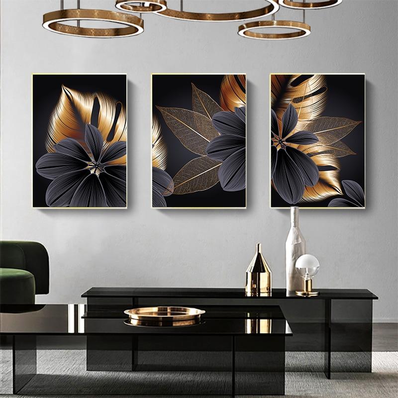 Black Golden Plant Leaf Canvas Poster - kigrumi