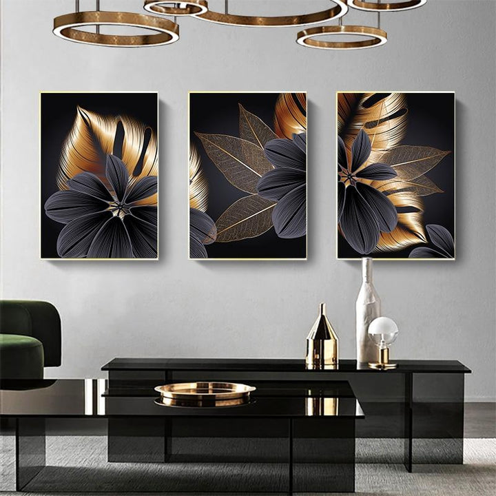 Black Golden Plant Leaf Canvas Poster - kigrumi