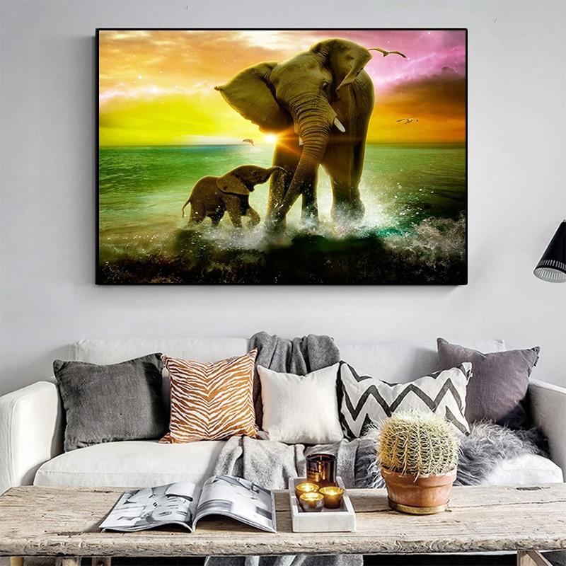Elephant Family Animal Art At Sunset Canvas Painting - kigrumi