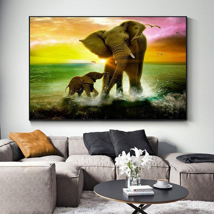 Elephant Family Animal Art At Sunset Canvas Painting - kigrumi