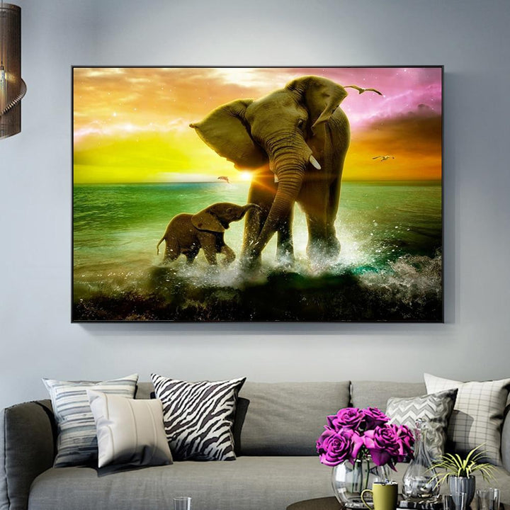 Elephant Family Animal Art At Sunset Canvas Painting - kigrumi