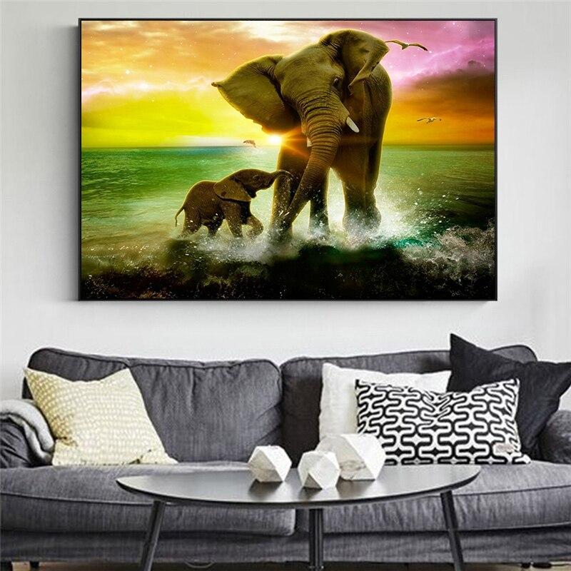 Elephant Family Animal Art At Sunset Canvas Painting - kigrumi