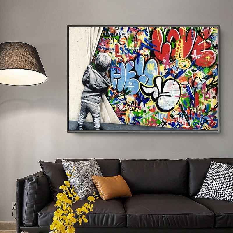 Graffiti Art Behind The Curtain Street Art Canvas Painting - kigrumi