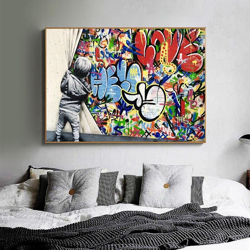 Graffiti Art Behind The Curtain Street Art Canvas Painting - kigrumi